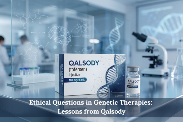Buy Qalsody injection online in India – Qalsody (Tofersen) vial and packaging in a pharma laboratory background.