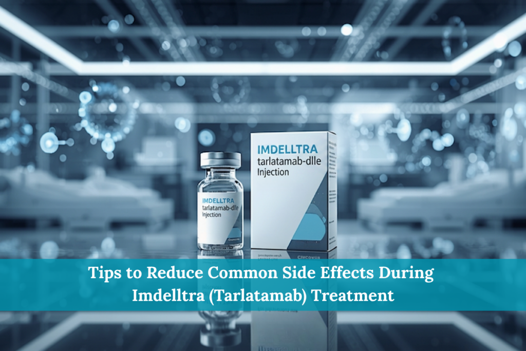 Buy Imdelltra Online in India – Imdelltra (tarlatamab-dlle) injection vial with futuristic pharmaceutical oncology background.