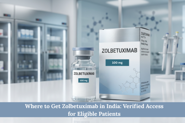 Buy Zolbetuximab injection online in India – Zolbetuximab medicine box and vial with premium pharmaceutical background.